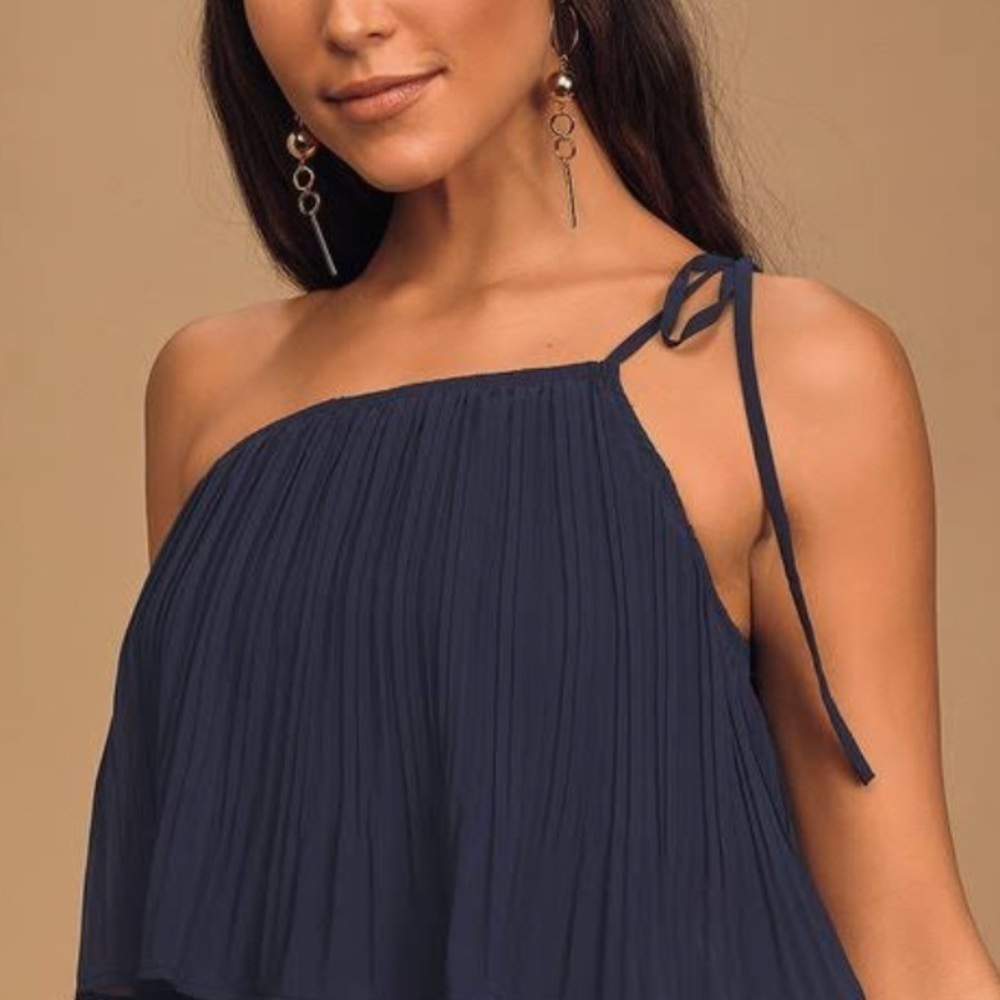 NWT Lulus Blowing Kisses Navy Blue Pleated One-Shoulder Mini Dress - Picture 2 of 8